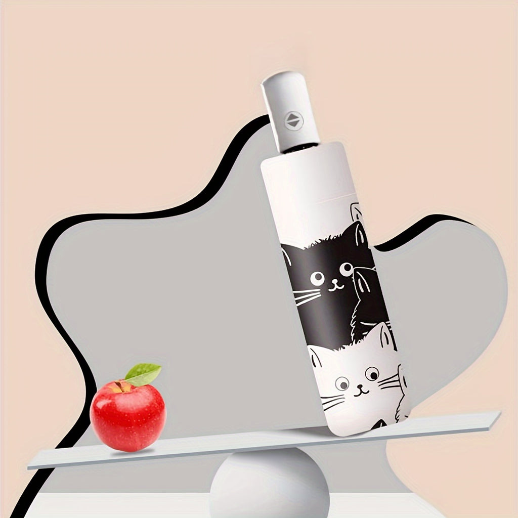 Automatic Open & Close Folding Umbrella with 8 Iron Ribs, Plastic Handle & 190T Pongee Fabric – Stylish Cat Pattern, Windproof Portable Foldable Umbrella for Sun & Rain Protection